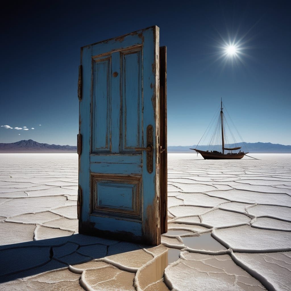 Surreal Doorway in Salt Desert, Hyperrealistic Style