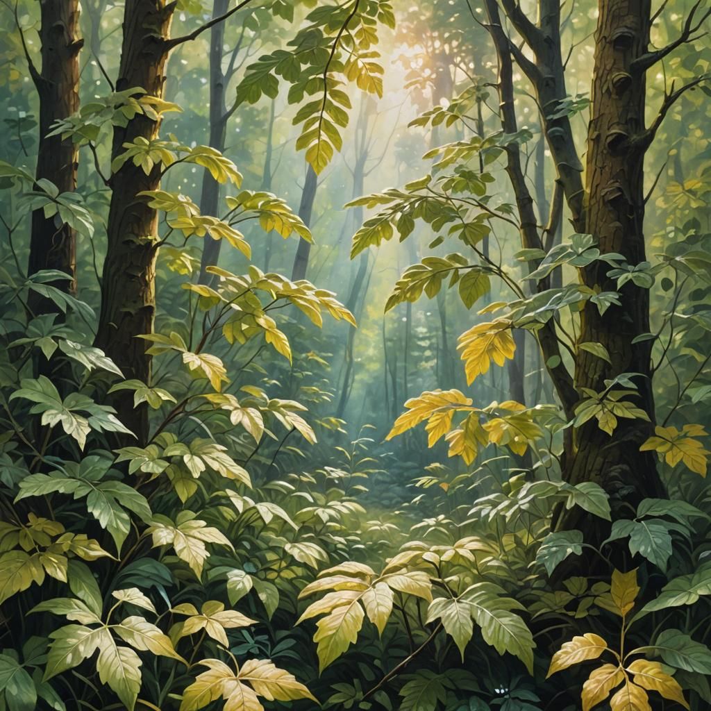 Sunlit Forest Clearing in Oil Painting Style
