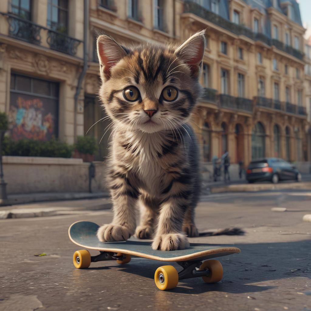 a cute adorable kitten doing skateboard in paris