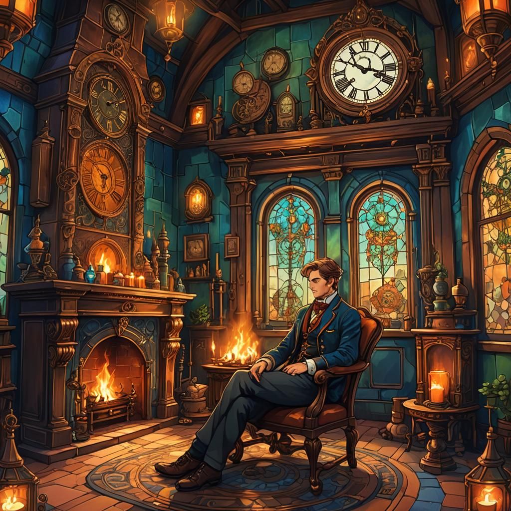 Steampunk Clock Tower Room with Fireplace