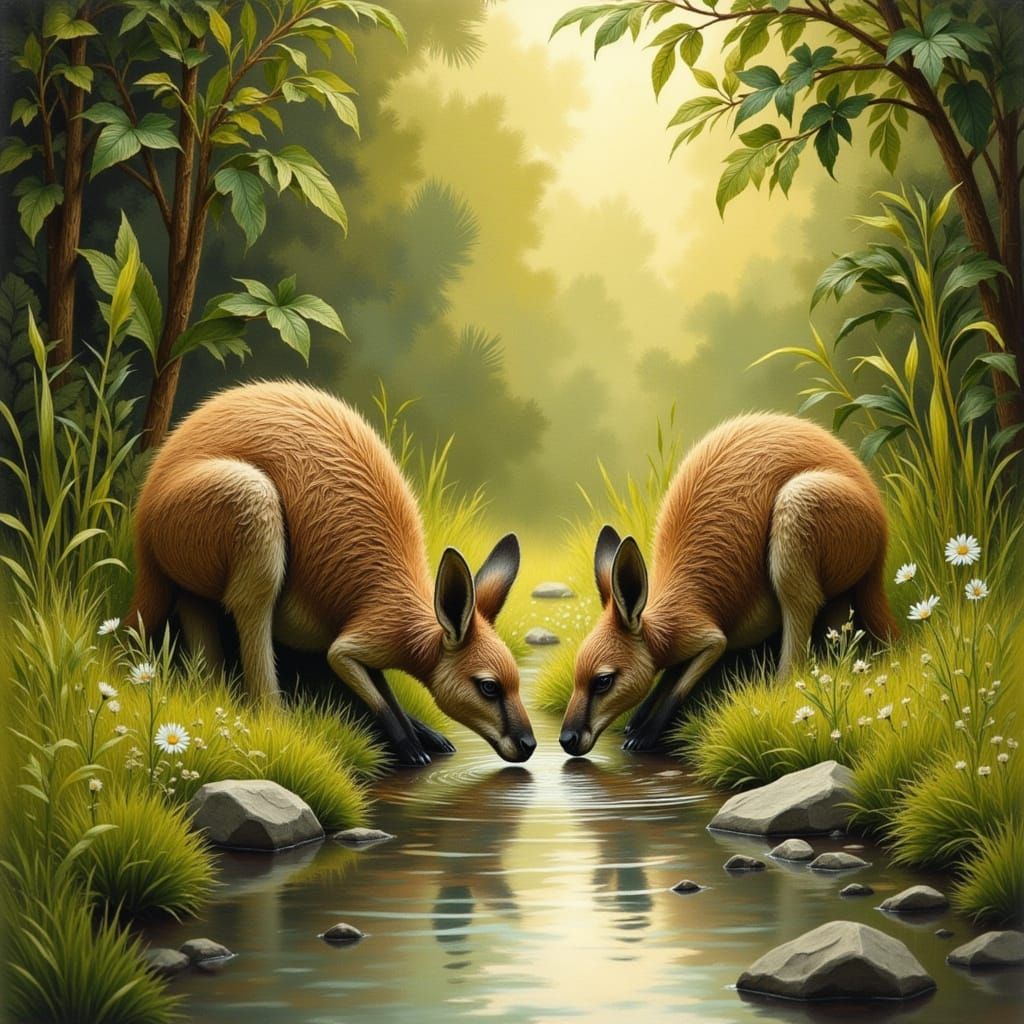 Kangaroos at Stream in Beatrix Potter Style