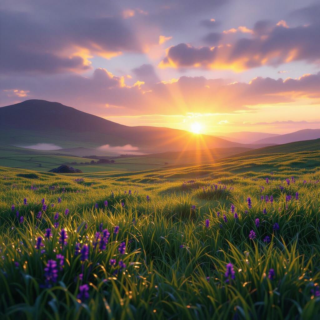 Golden Hour Irish Meadow in Dark Fantasy Style