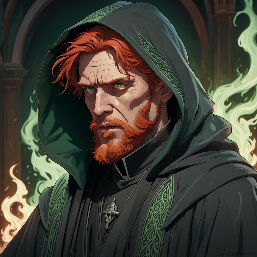 Red-Haired Reverend Portrait with Green Flames