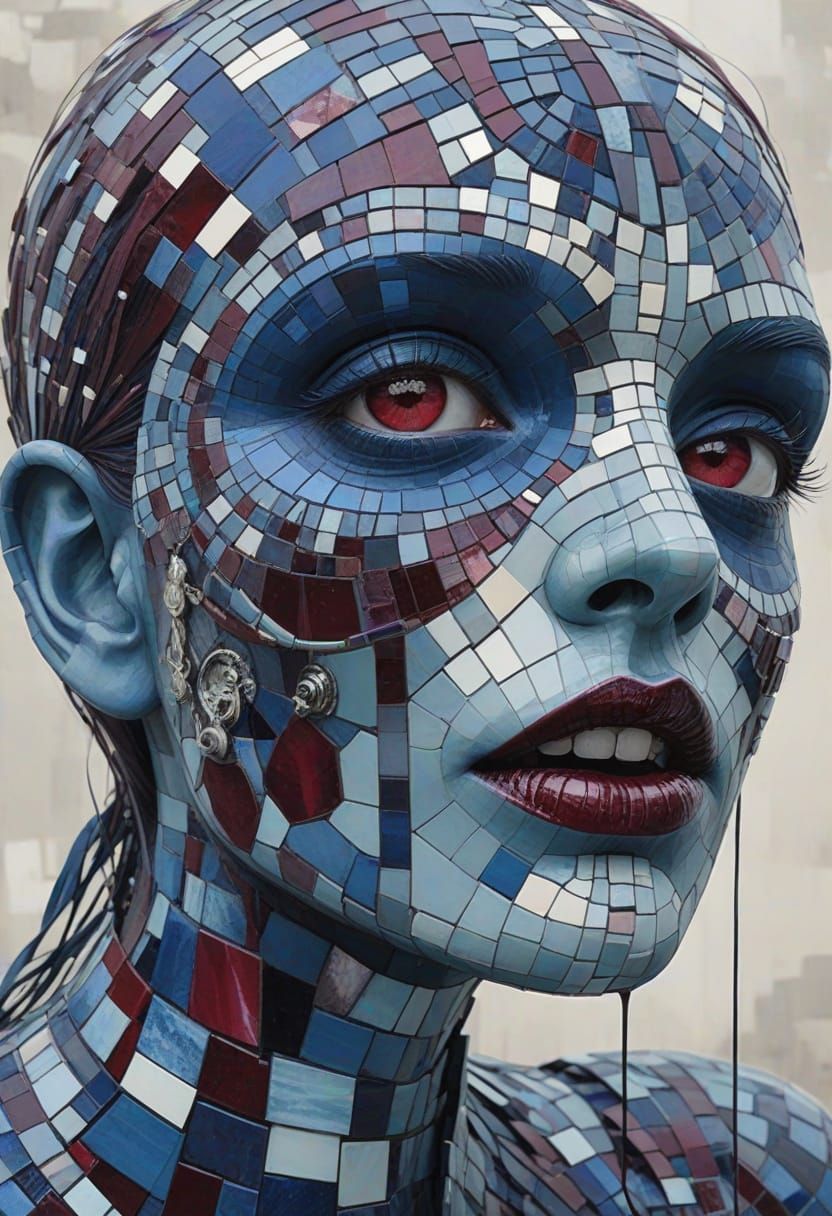 Surreal Aetherpunk Mosaic with Undead Indigo and Maroon Tone...