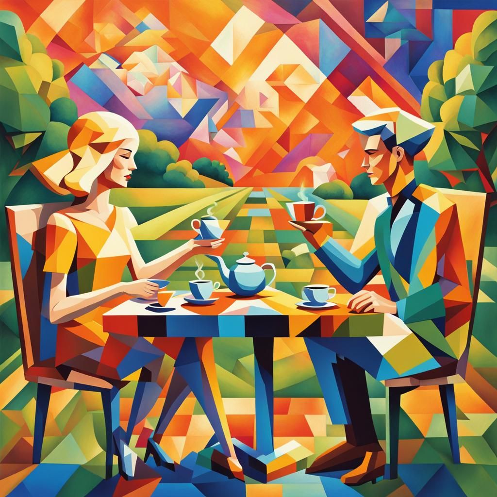 Cubist Garden Scene with Rainbow Firebird