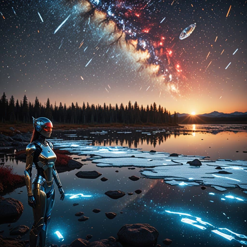 Cyberpunk Fembot Scientists Study Icy Mercury Lake