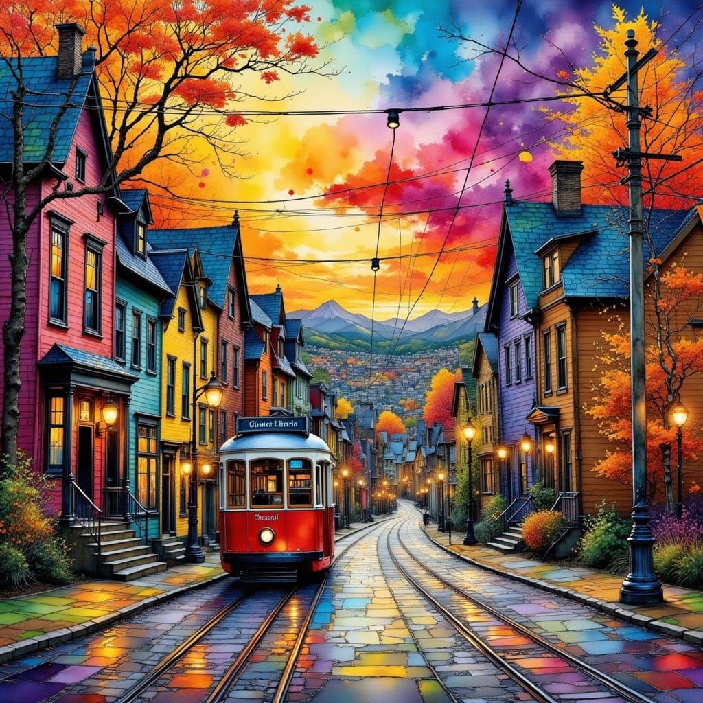 Colorful Autumn Town With Streetcar