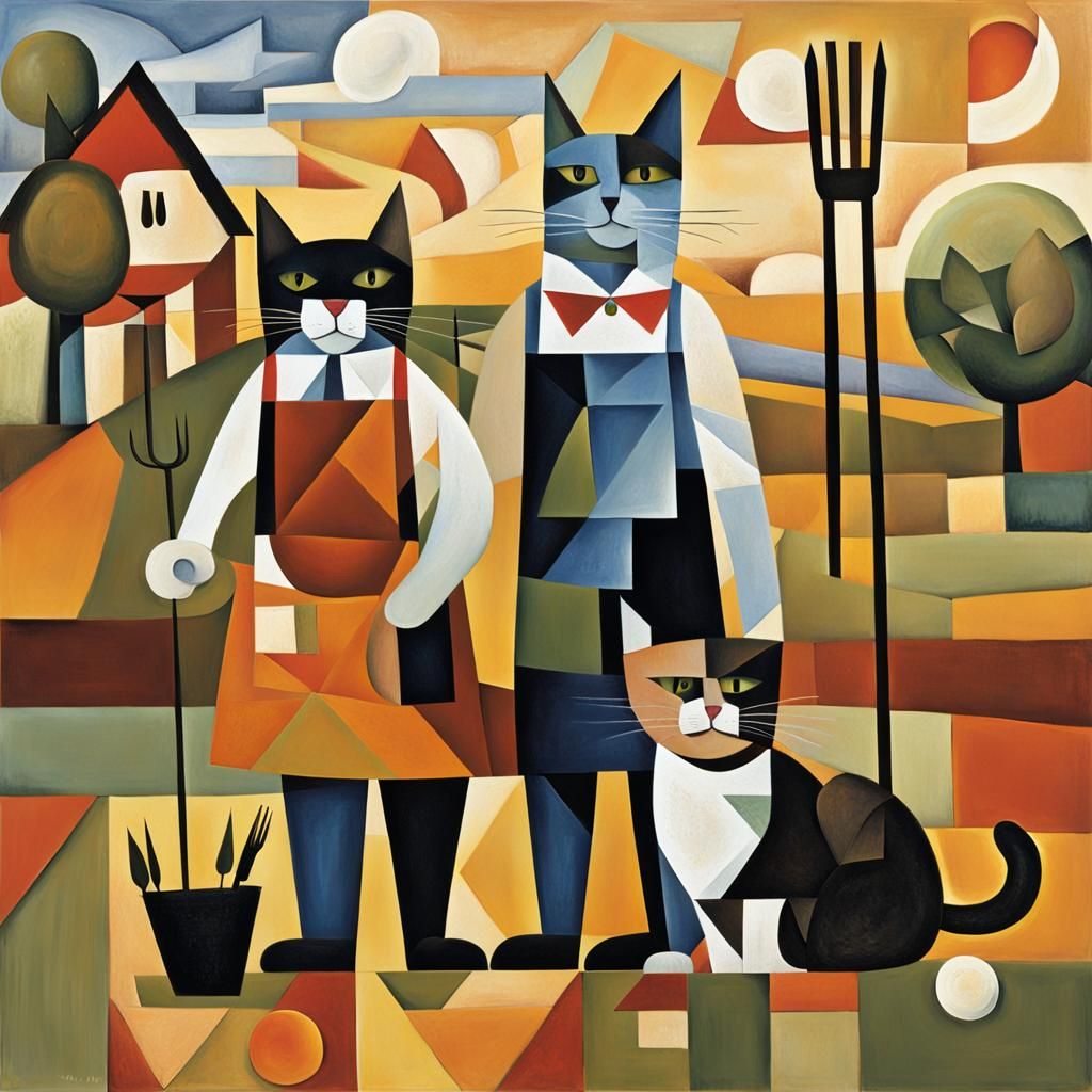 Cubist Cat and Dog as Farmers