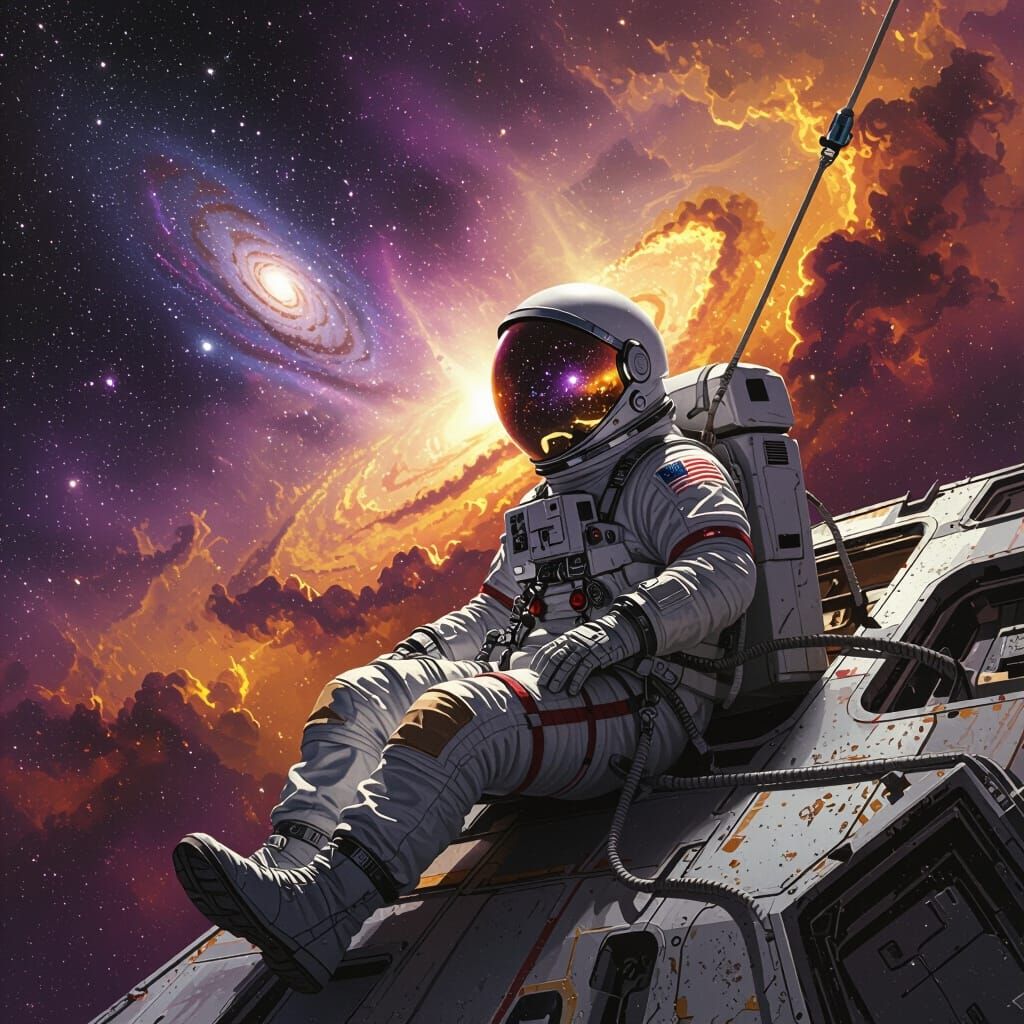 Astronaut Adrift Among Purple and Gold Nebulae