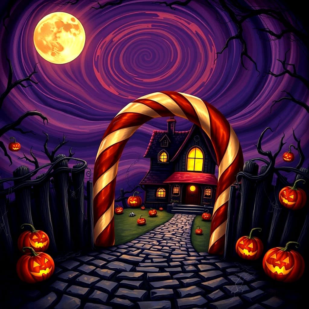 Surreal Halloween Night with Twisted Candy Cane Gate