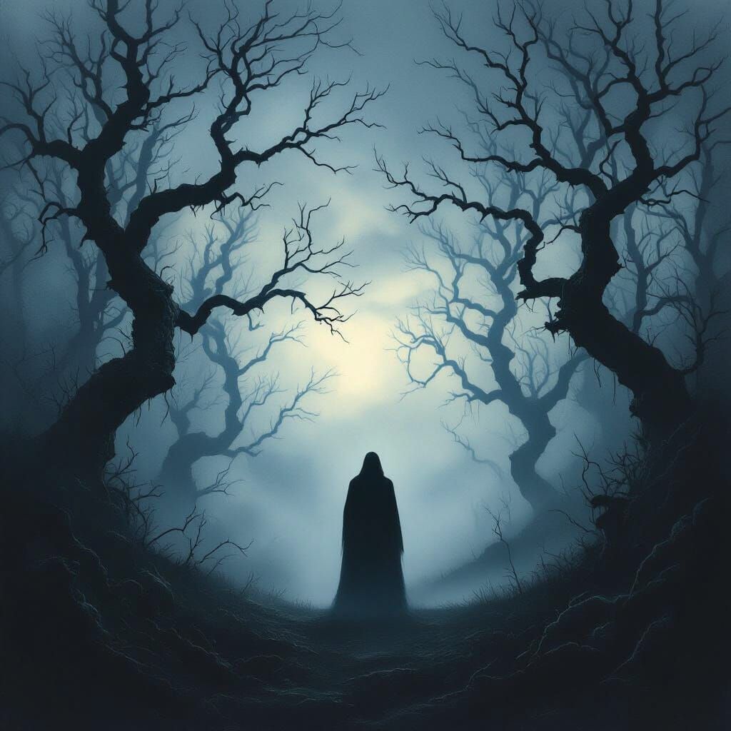 Ancient Figure in Misty Forest at Twilight