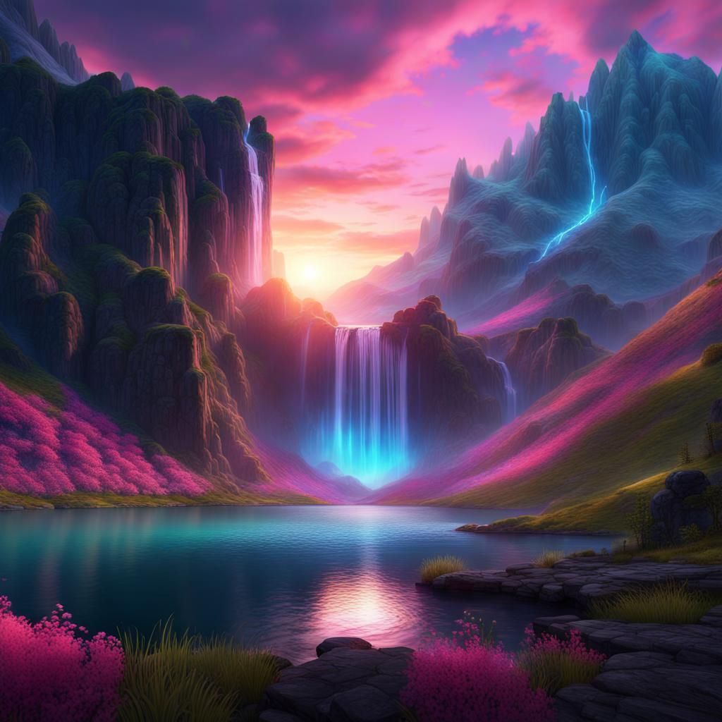Magical Mountain Sunset with Glowing Lake