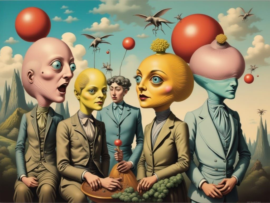 Surreal Cult Figures in Dreamlike Landscape as Painting
