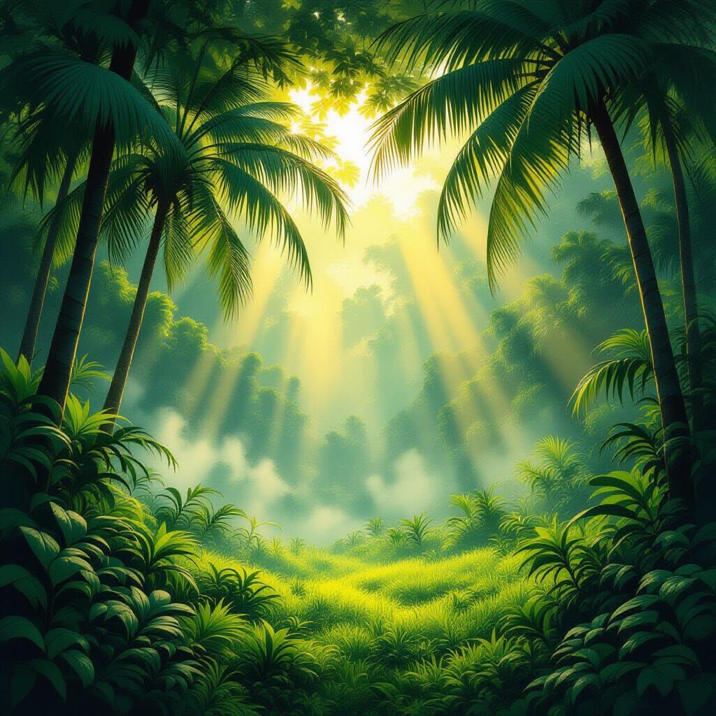 Misty Coconut Grove at Sunrise in Fantasy Style