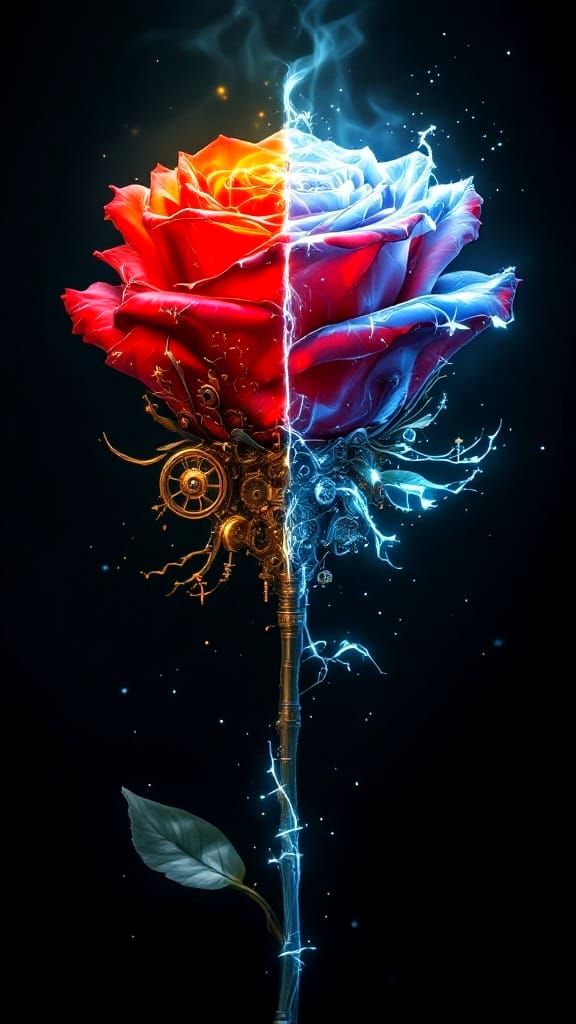 Surreal Steampunk Bloom in Fiery and Icy Harmony
