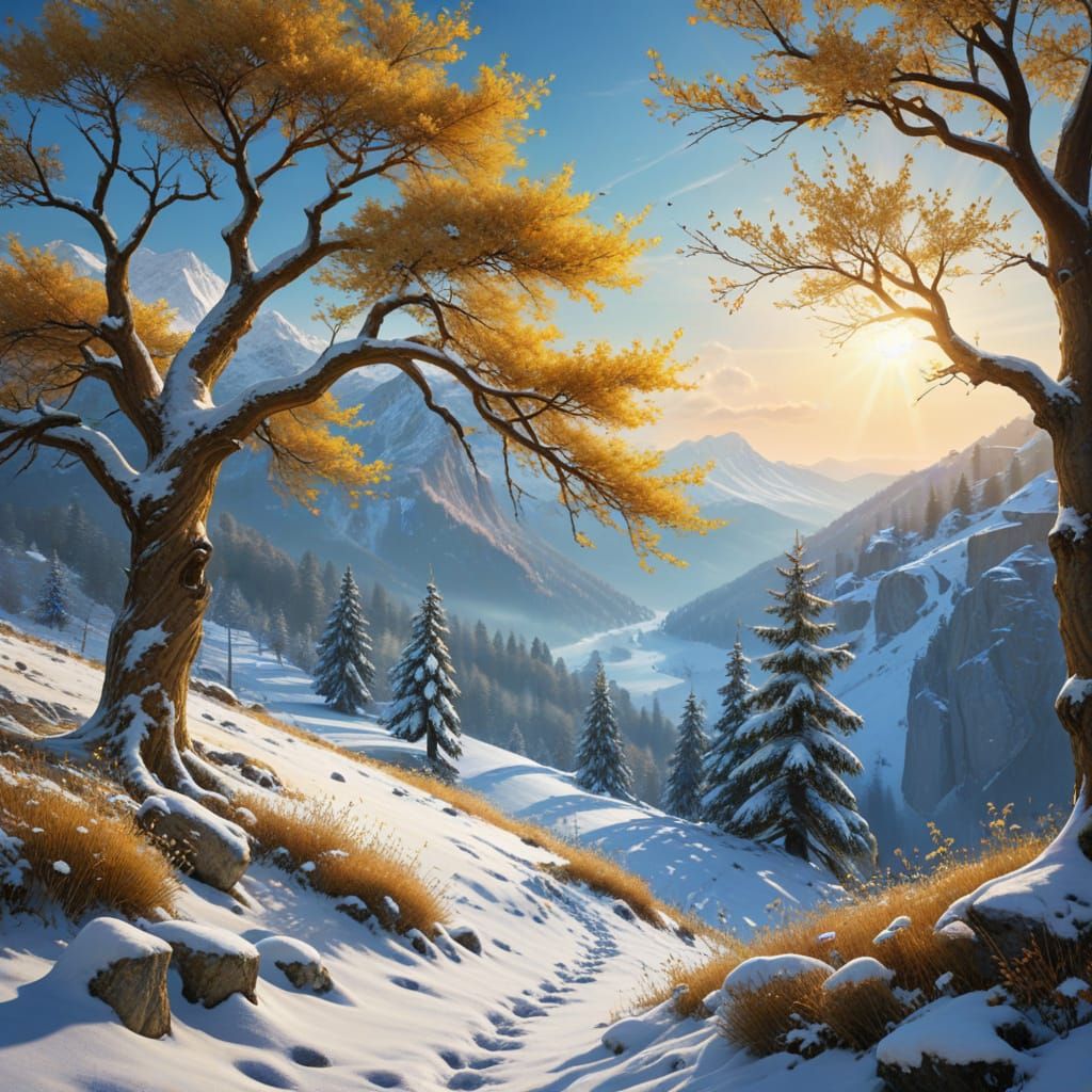 Snowy Mountain Peak Panorama in Romantic Style
