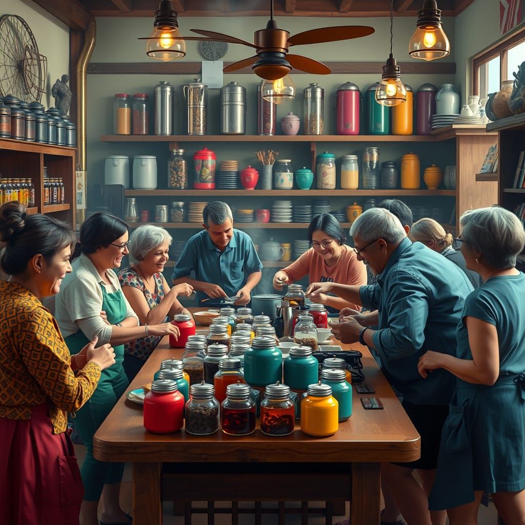 Artisan Tea Shop Scene in Vibrant Digital Painting Style