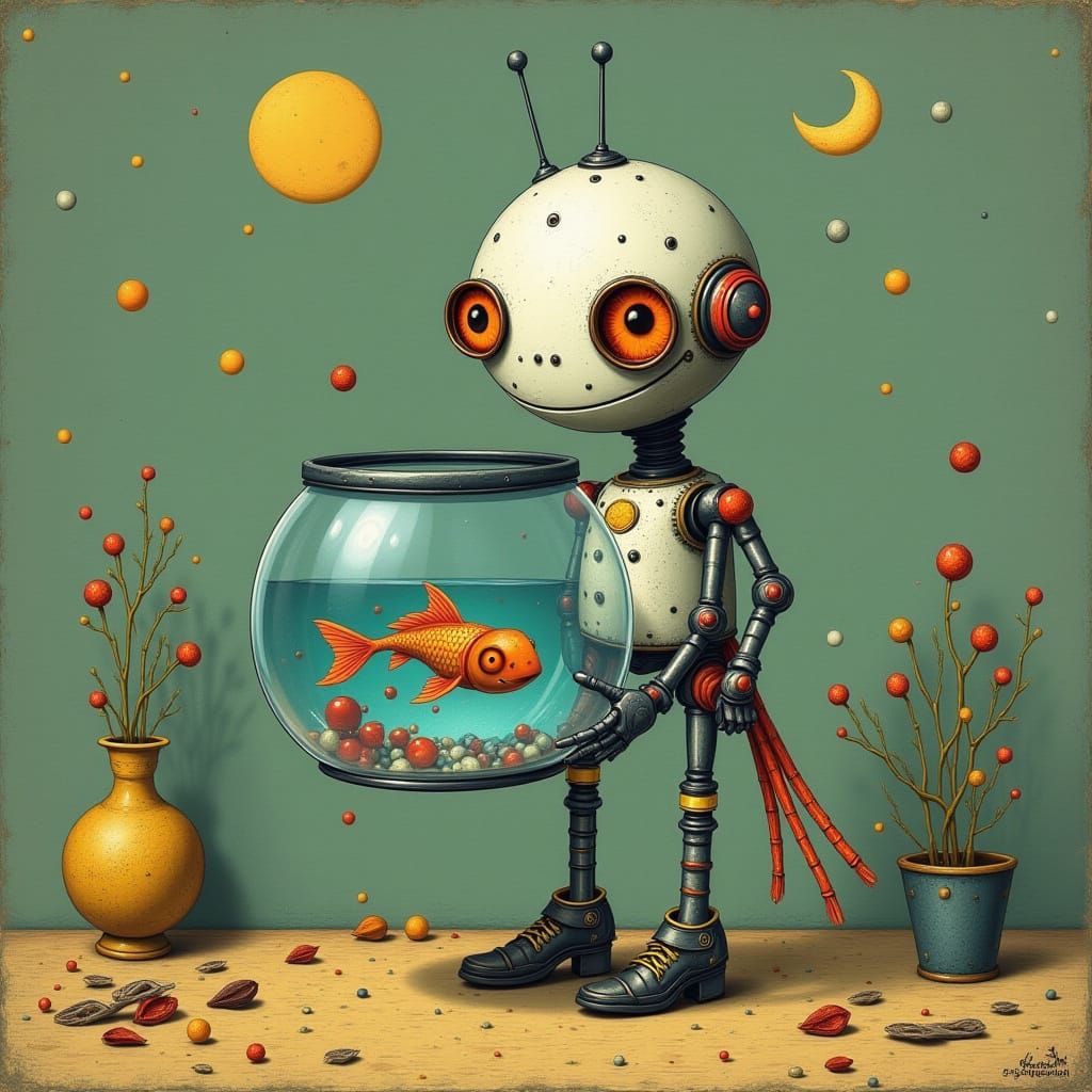 Cute Robot Holding a Fishbowl