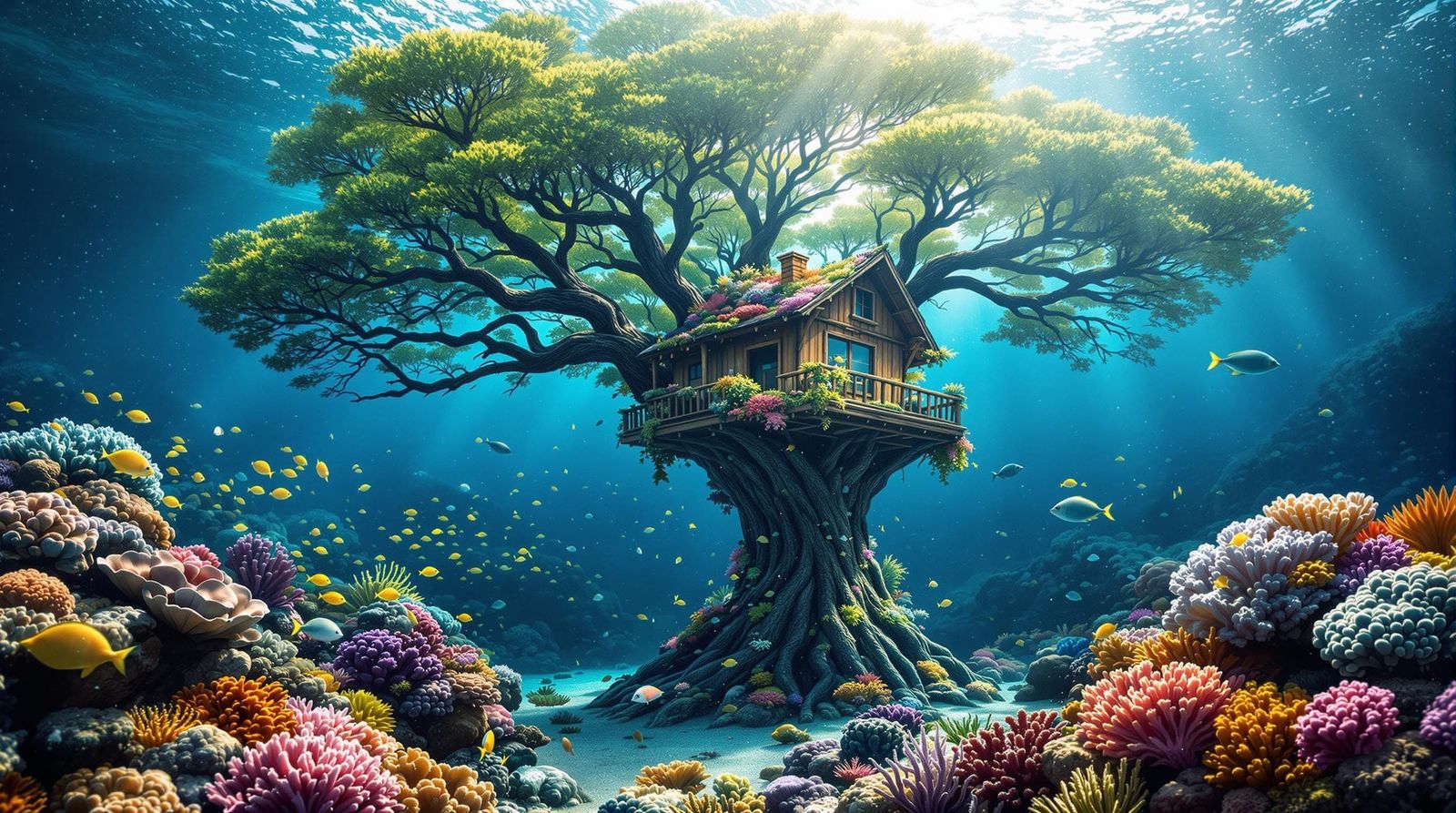 Vibrant Underwater Treehouse Oasis in Tropical Depths
