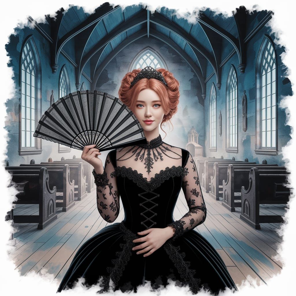 Japanese Woman in Gothic Church, Watercolor Portrait