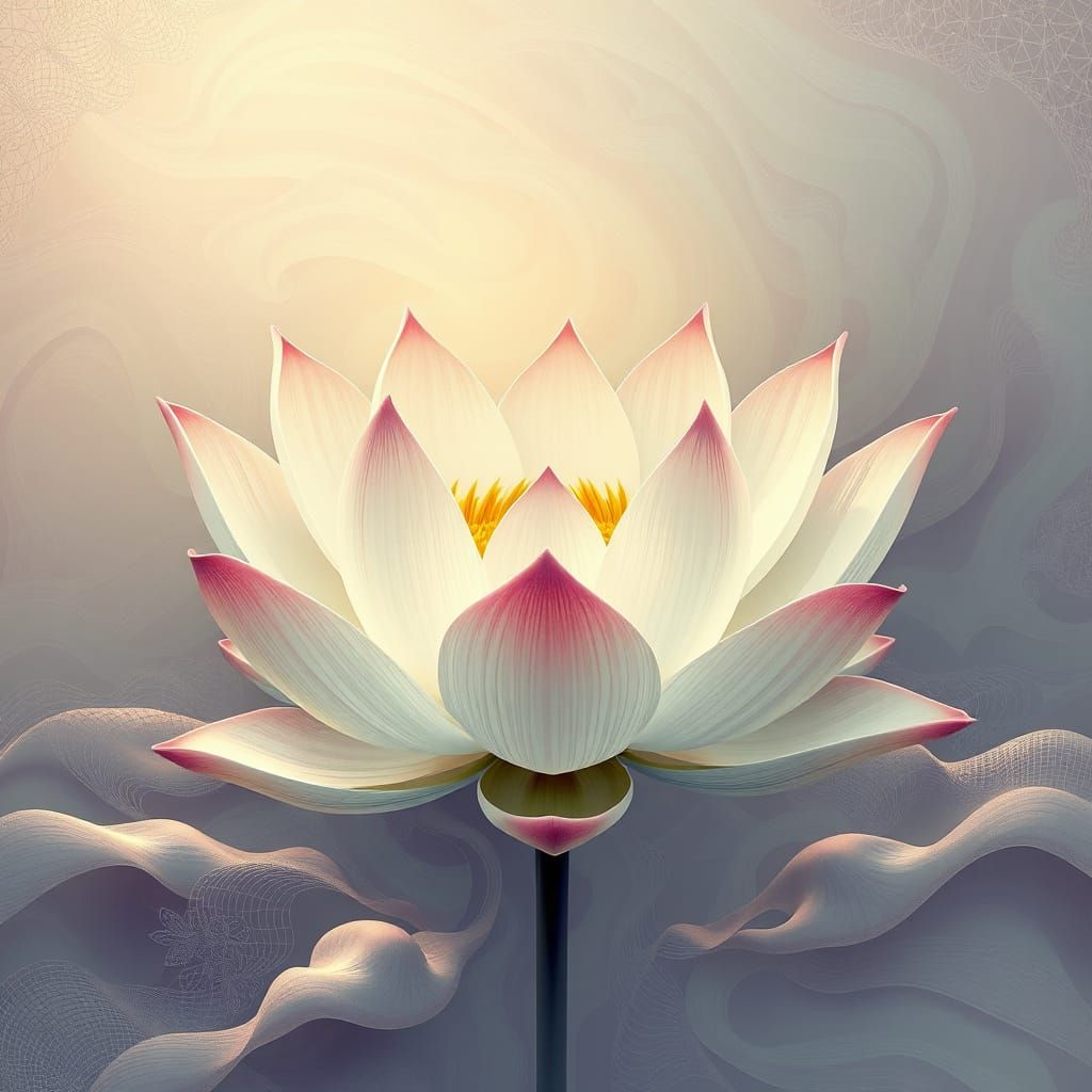 Ethereal Lotus with Futuristic Landscape Backdrop