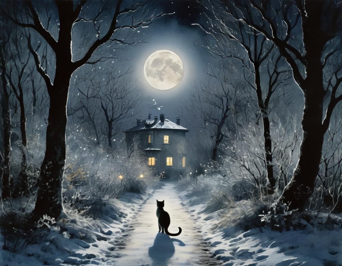 Tabby Cat Walks on a Winter Night