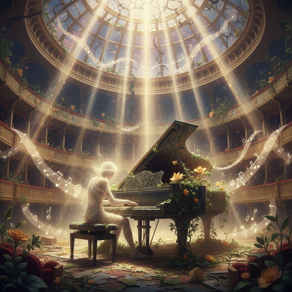 Spectral Pianist in Ruined Opera House, Magical Realism Styl...