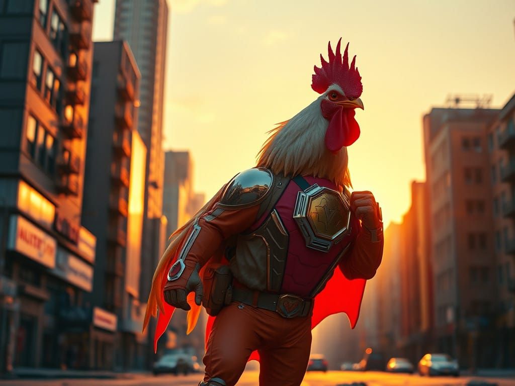 Retro-Futuristic Super Chicken Hero in Gritty Urban Metropol...