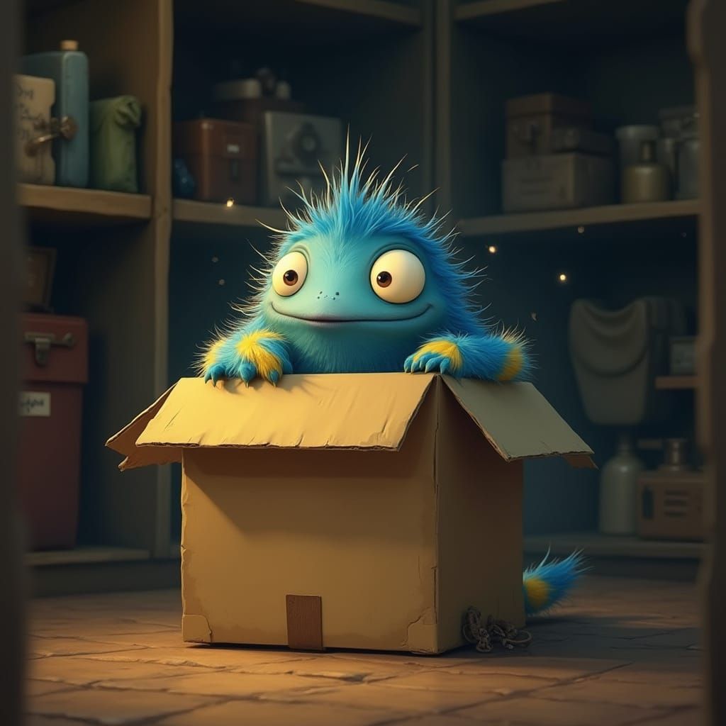 Fuzzy Monster Peeking from Box in Glowing Closet