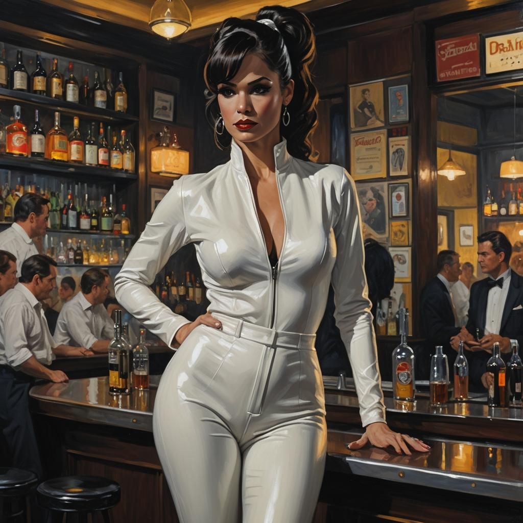 Noir Femme Fatale in White Catsuit, Oil Painting