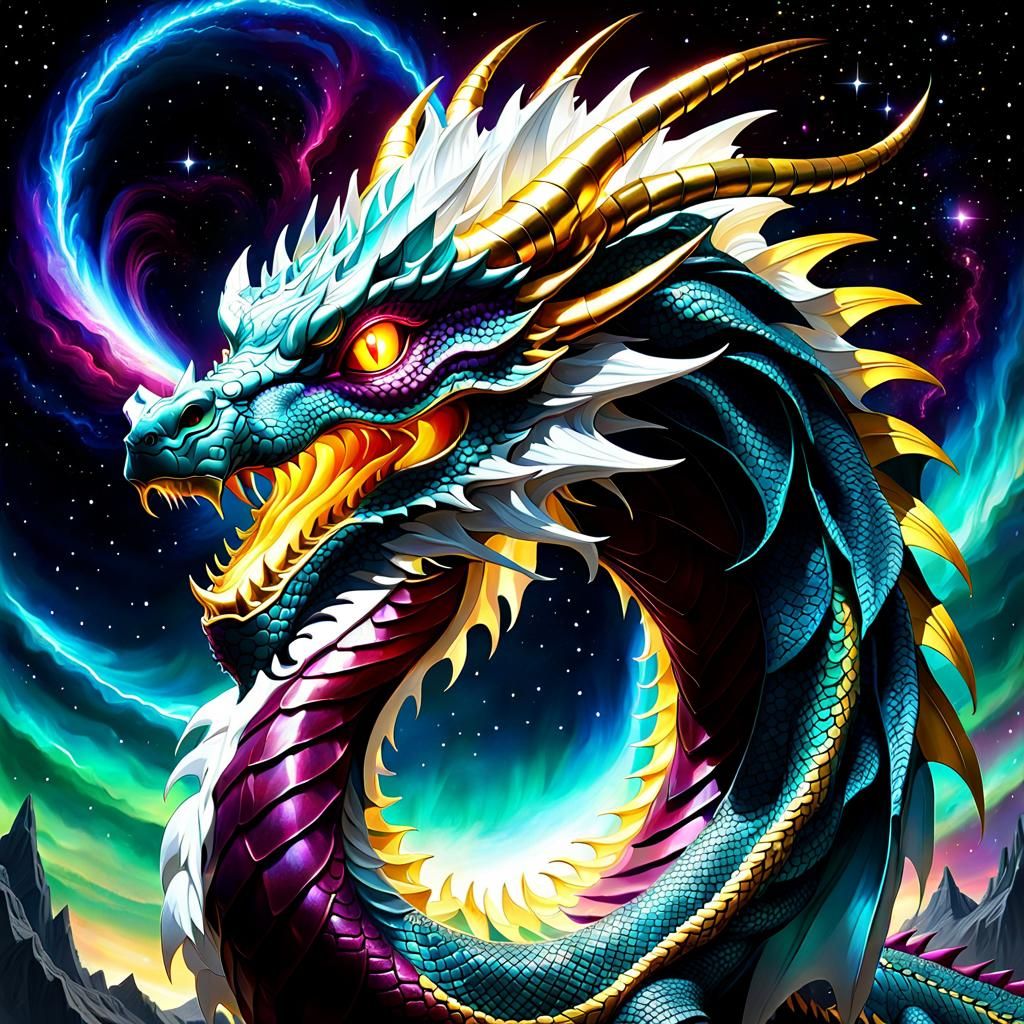 Maroon Dragon Soaring Through Cosmic Aurora Sky