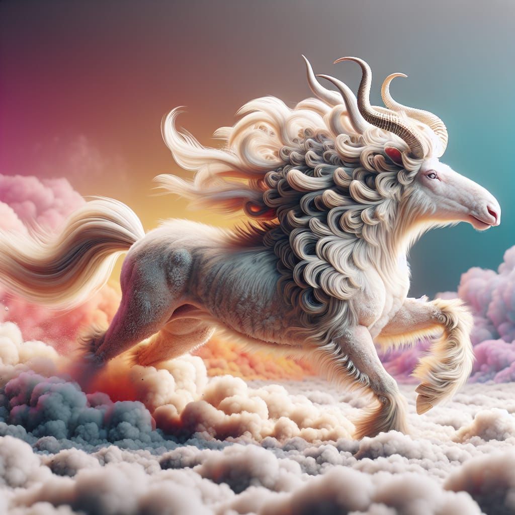 Hyperrealistic Hybrid Creature Running Through Cloud Field