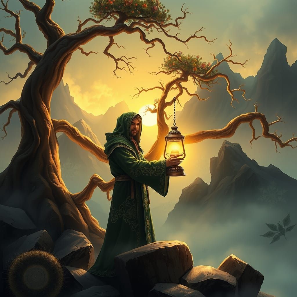 Ethereal Hermit Tarot Card in Fantasy Landscape