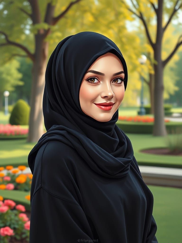 Elegant Hijabi Woman in Garden: Minimalist Oil Painting