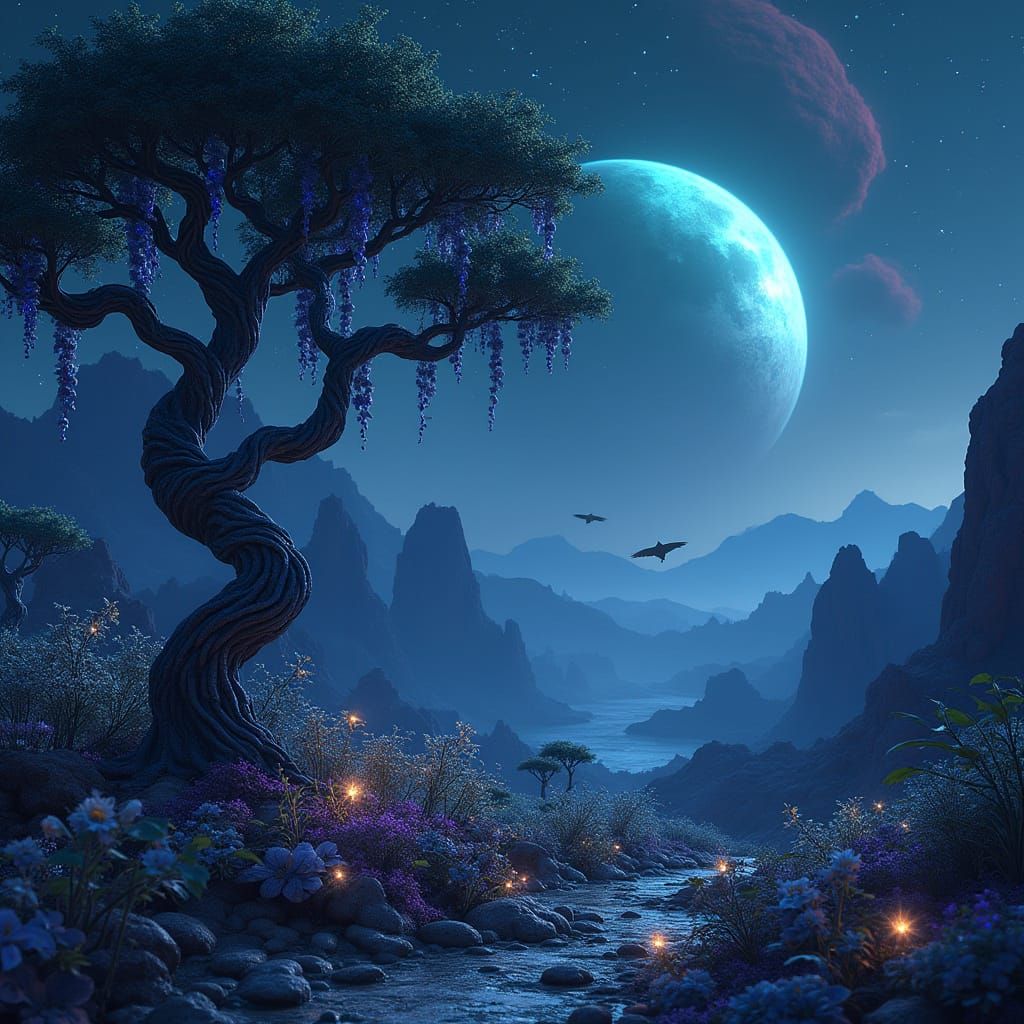 Surreal Alien Landscape Unfolds Under Moonlight