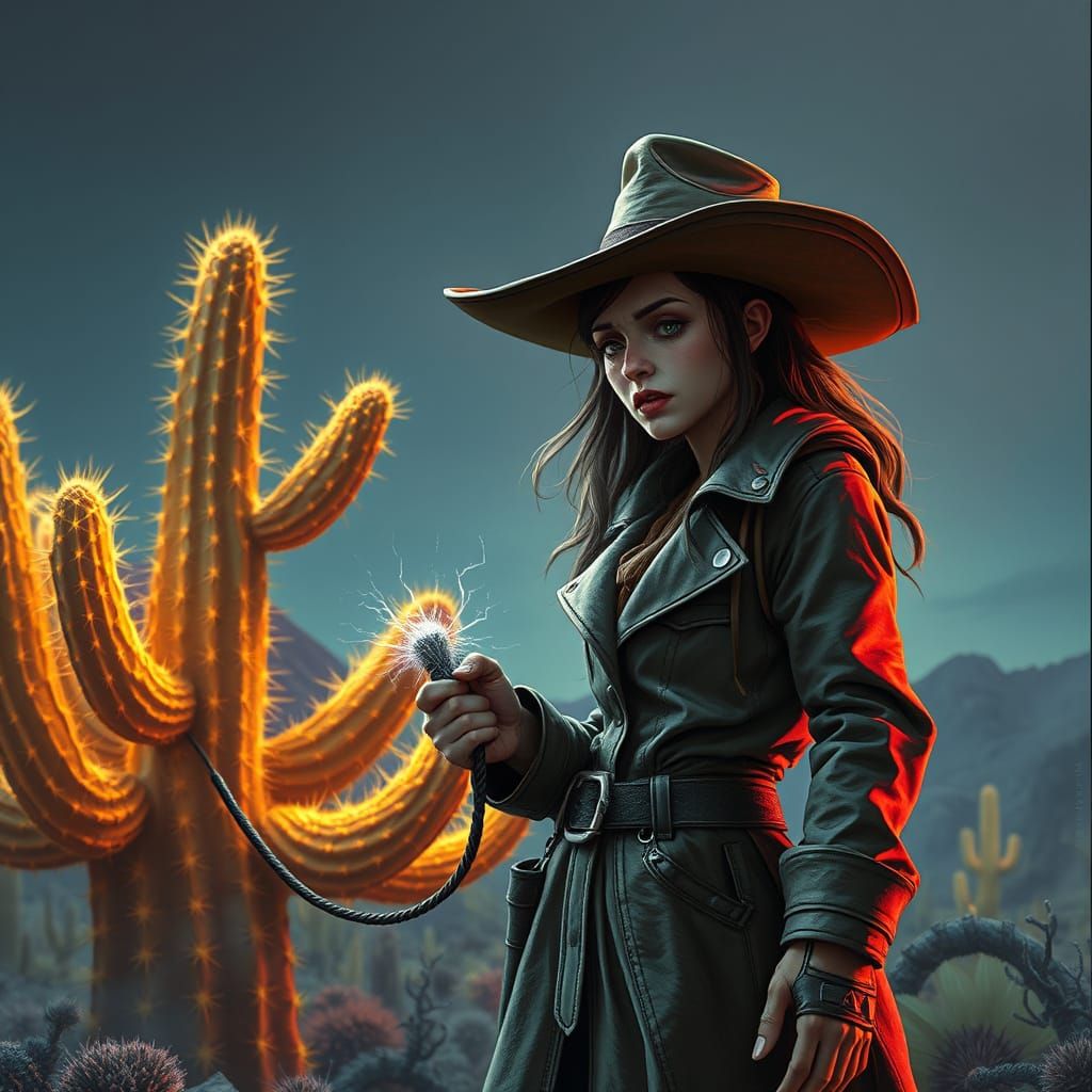 Glowing Cactus Landscape with Intergalactic Cowboy Hunter