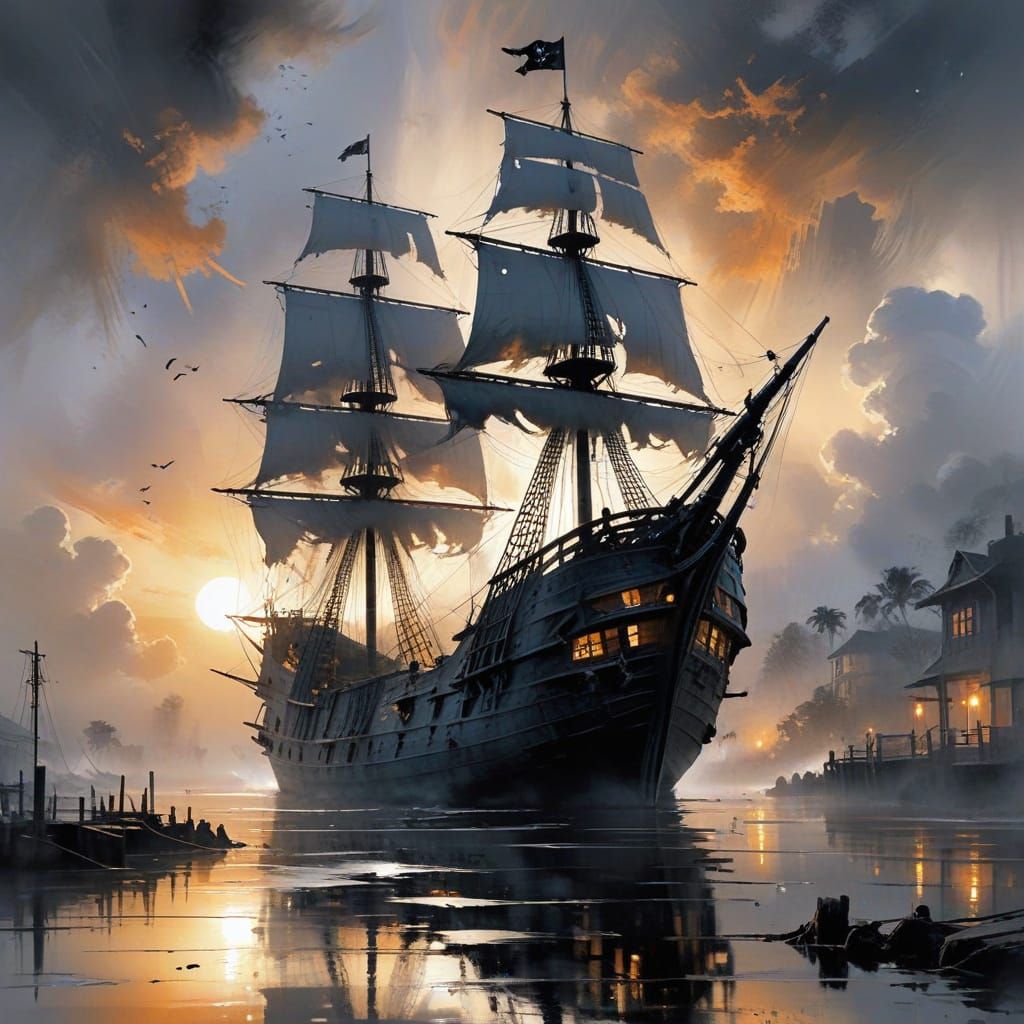 Surreal Watercolour Masterpiece: Whimsical Pirate Ship Scene