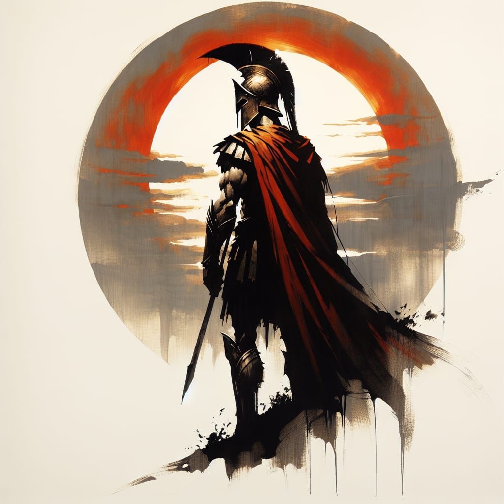 Spartan Warrior Silhouette in Sumi-e Style