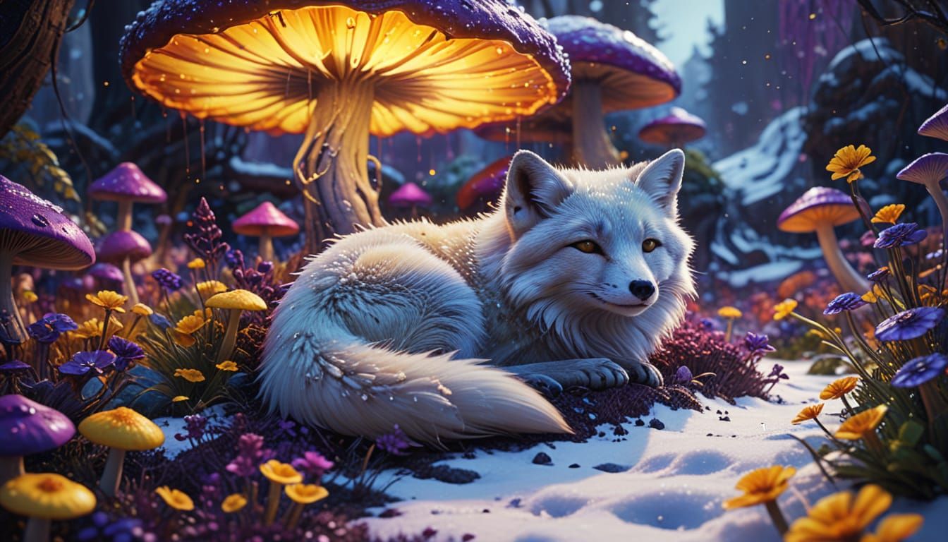Fantasy Arctic Fox in Vibrant Neon Garden