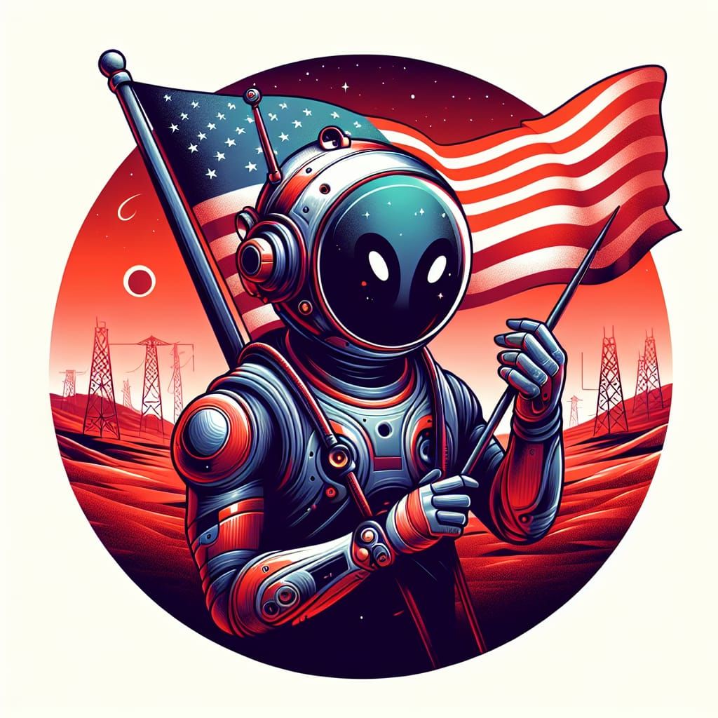 Martian Patriot Holding the Flag of Mars