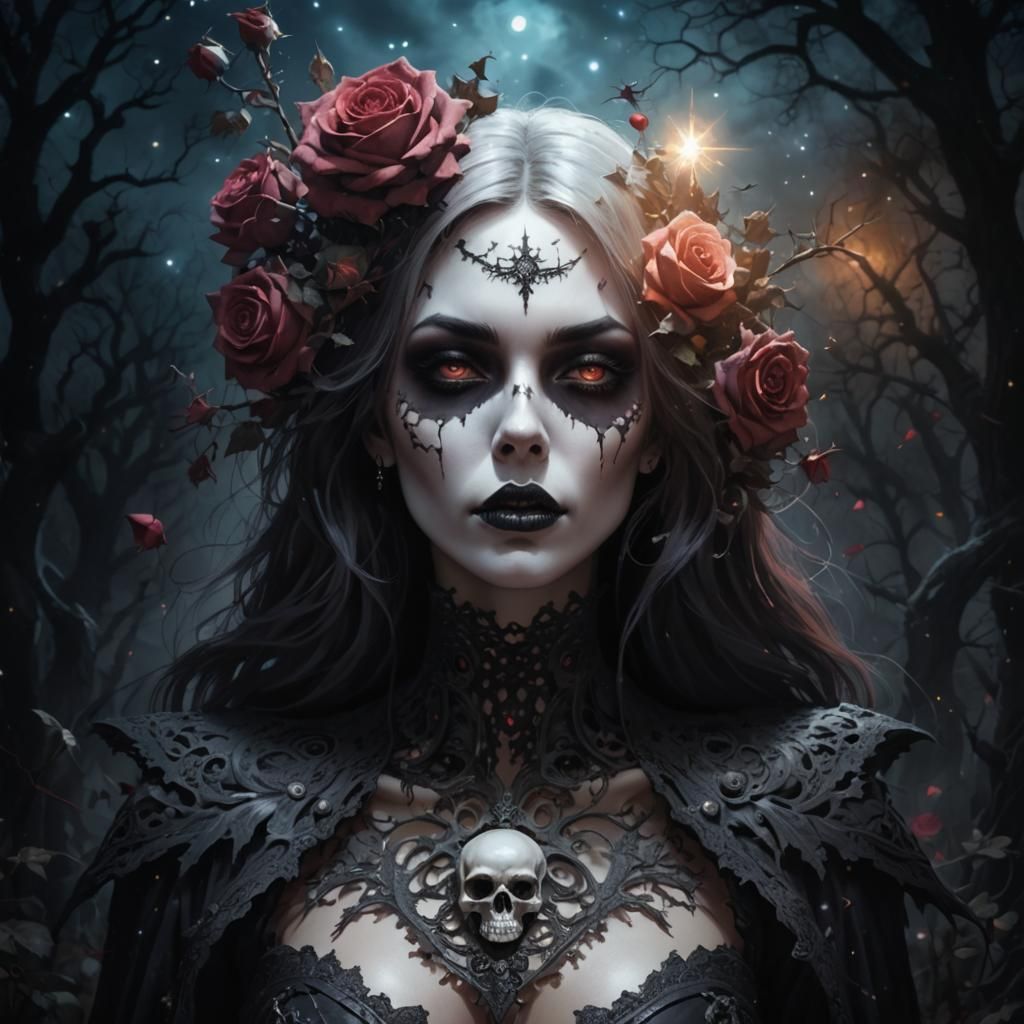 Gothic Girl with Skulls and Roses in Watercolor