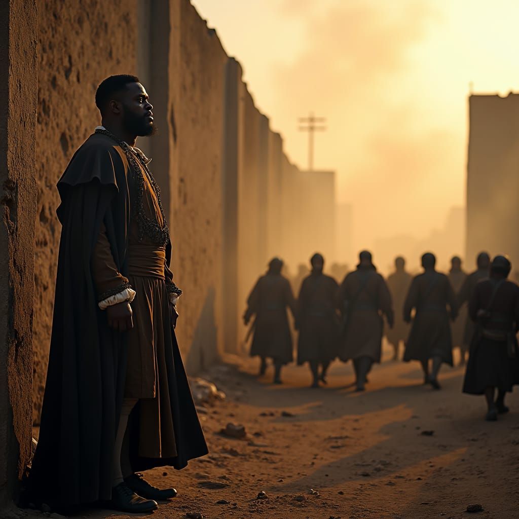 Black Man Observes Wall Breach in 18th Century Scene