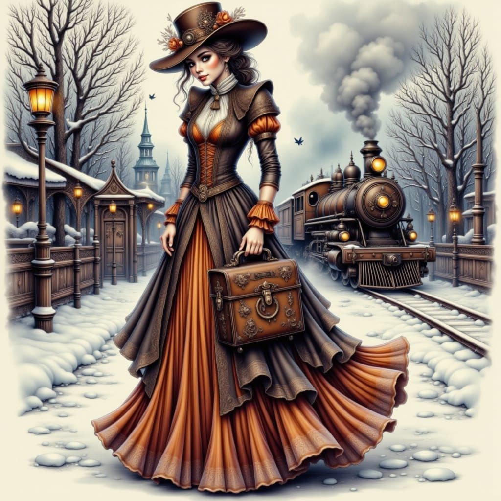 Elegant Steampunk Lady in Snowy Train Station