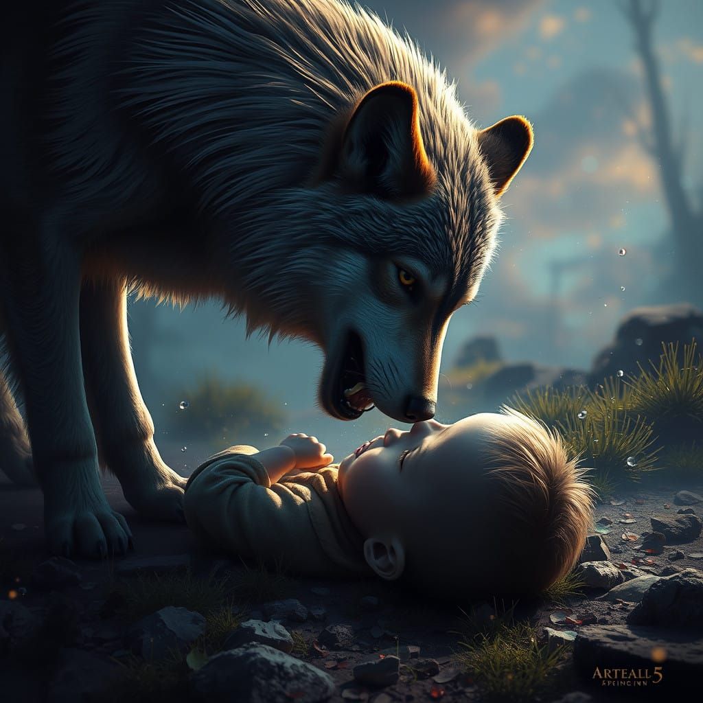 A Large Wolf Examines a Sleeping Child in Vibrant Fantasy Wo...