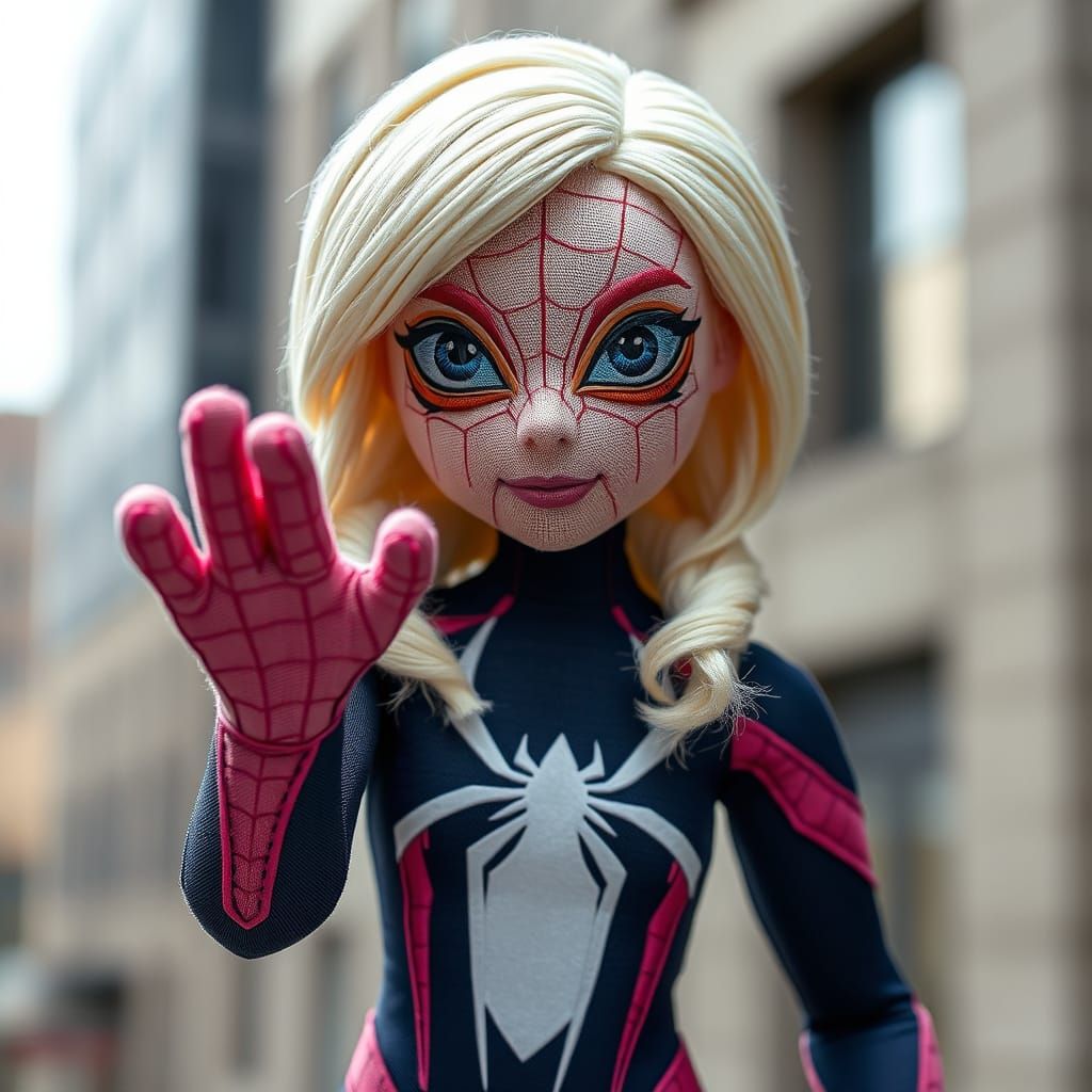 Photorealistic Spider-Gwen Doll in Dynamic Pose