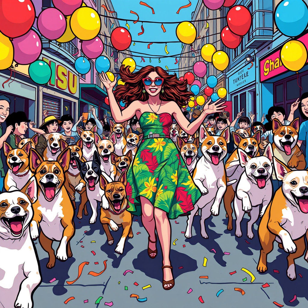Dancing Woman with Dogs in Lively Street Art