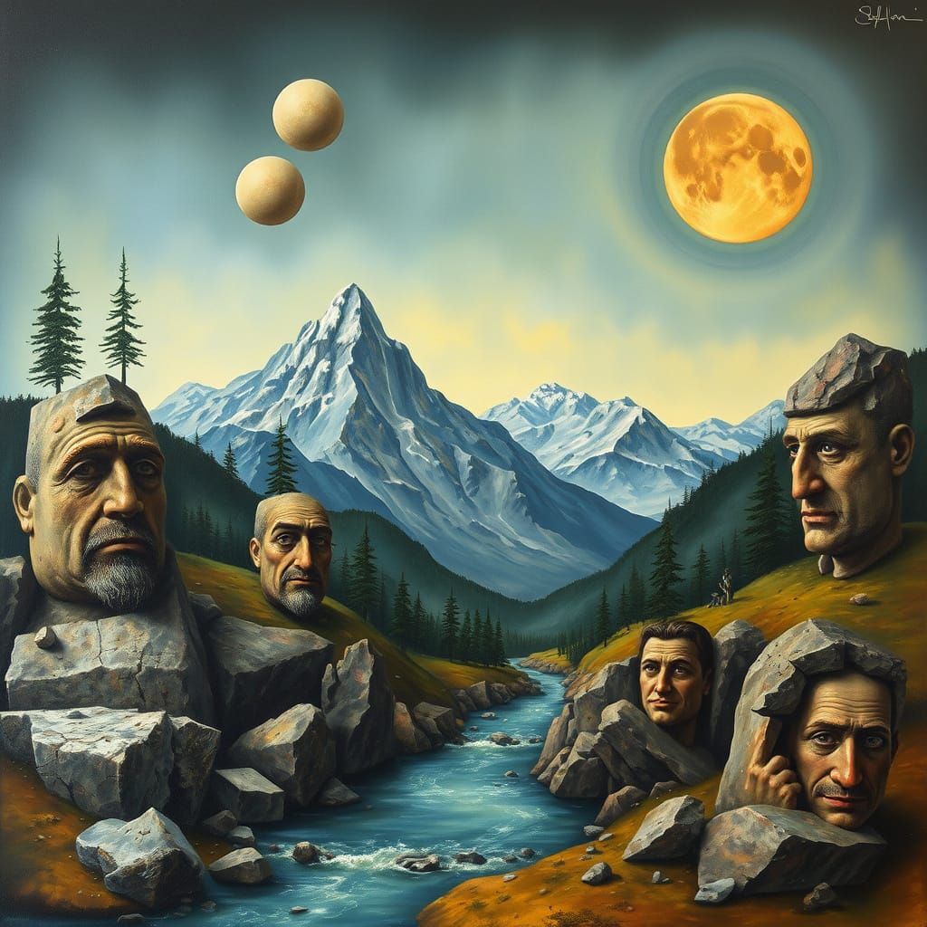 Surreal Mountain Landscape with Faces in Dali Style