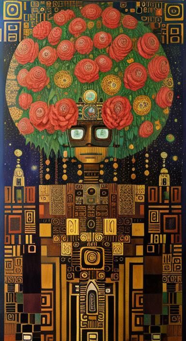 Aztec Surrealist Grimdark Peonies with Robot