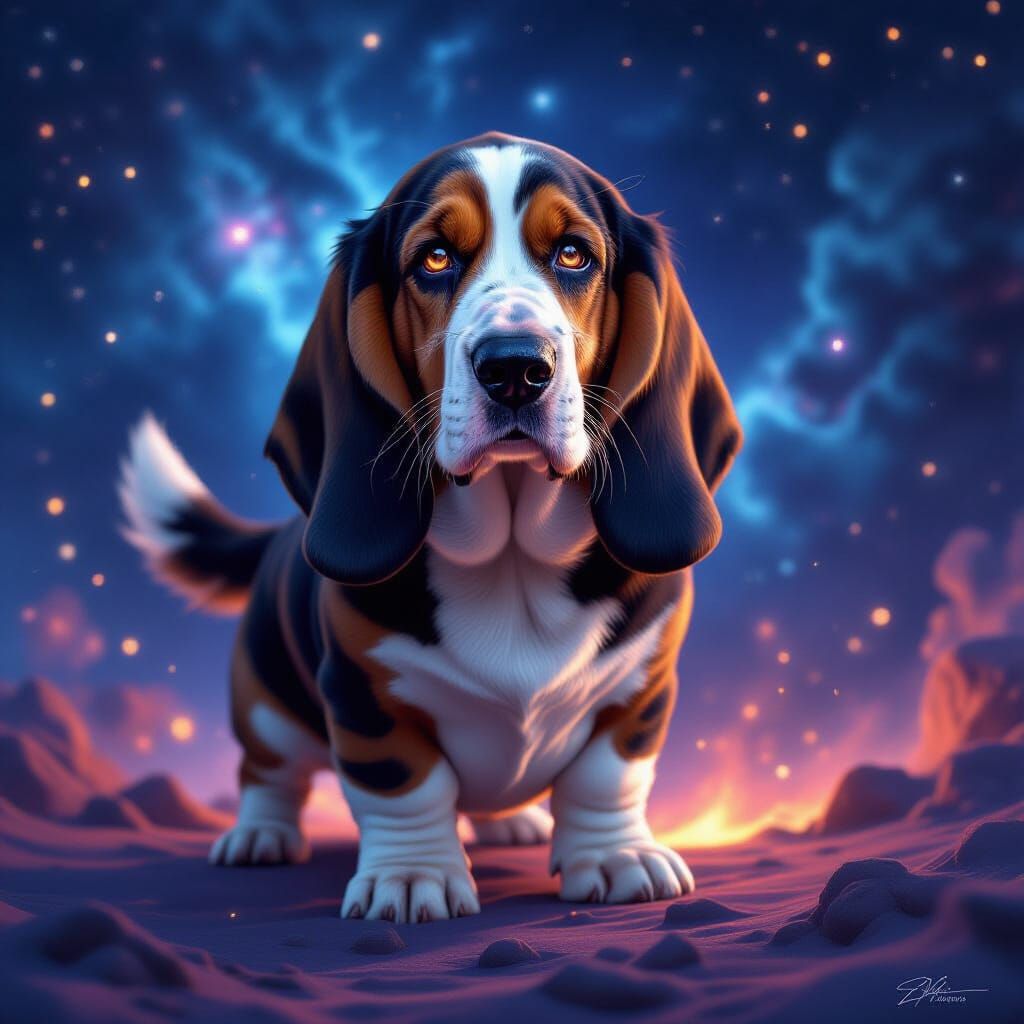 Cosmic Basset Hound on Nebula, Dark Fantasy Art