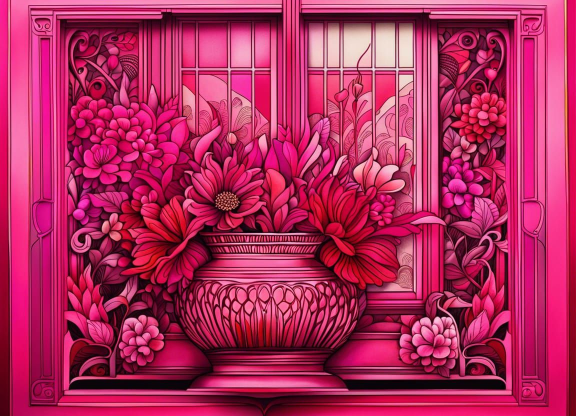Elaborate Pink Watercolor Flowers in Art Deco Style